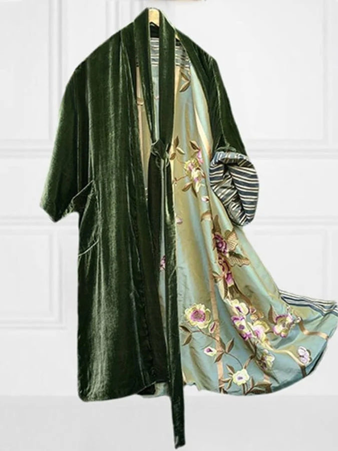 W&W Mode | Satin Digital Floral Taille Gürtel Cardigan Schlafanzug