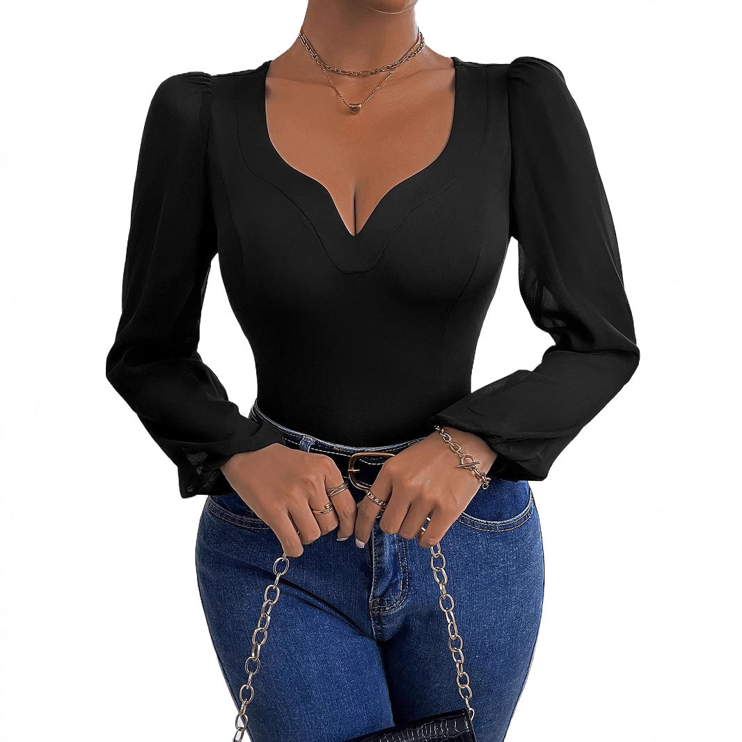 Damen Body mit tiefem V-Ausschnitt und transparenten Puffärmeln W&W Mode