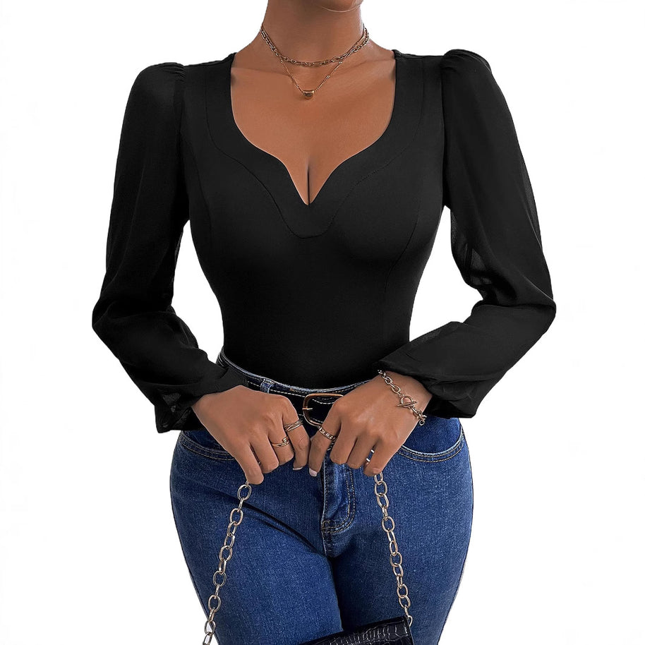 Damen Body mit tiefem V-Ausschnitt und transparenten Puffärmeln WW