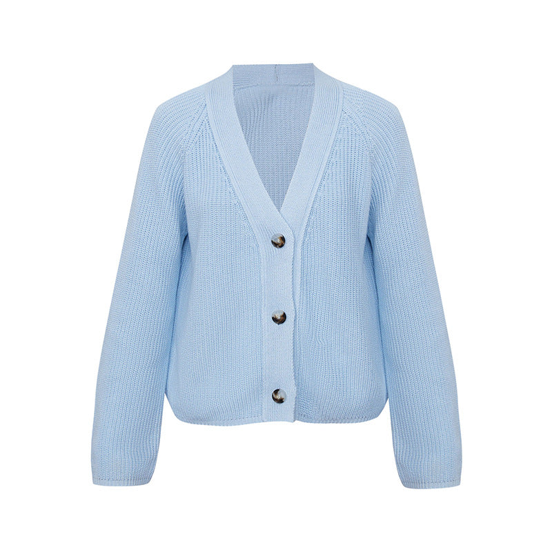Damen Strickjacke mit großem V-Ausschnitt und Knopfverschluss WW