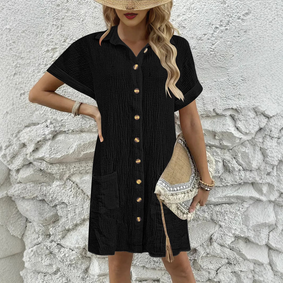 Damen Knielanges Hemdblusenkleid mit knopfbarem Design und praktischen Taschen WW