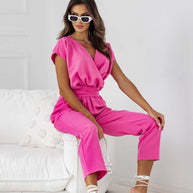 WW | Farbe V-ausschnitt Kurzarm Jumpsuit Für Urlaub