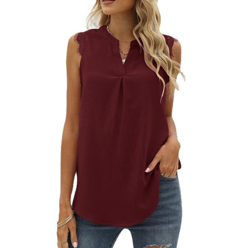 Damen ärmelloses Blusenshirt mit elegantem Spitzeneinsatz und modischen Falten WW