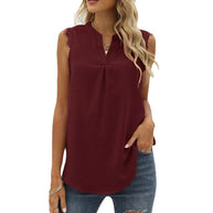 Damen ärmelloses Blusenshirt mit elegantem Spitzeneinsatz und modischen Falten WW