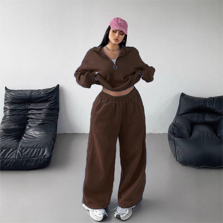 Damen Sportliches und lässiges Fleece-Set mit halbem Reißverschluss WW