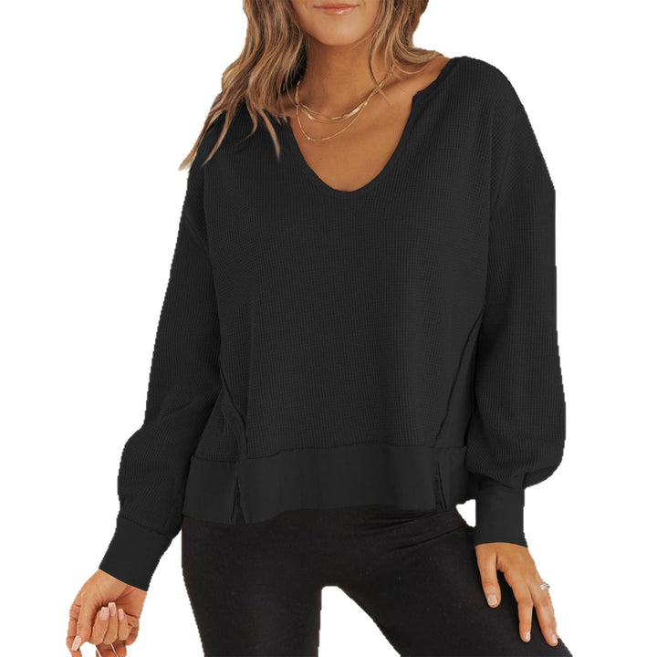 Damen lässiger Waffel-Pullover mit V-Ausschnitt und seitlichen Schlitzen W&W Mode