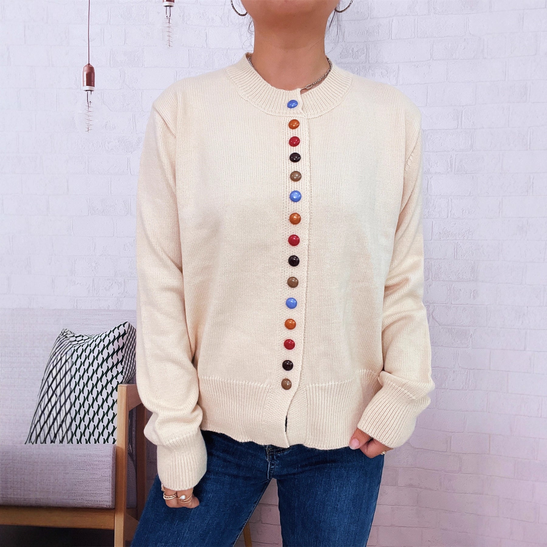 Damen stilvolle Strickjacke mit bunten Knöpfen WW