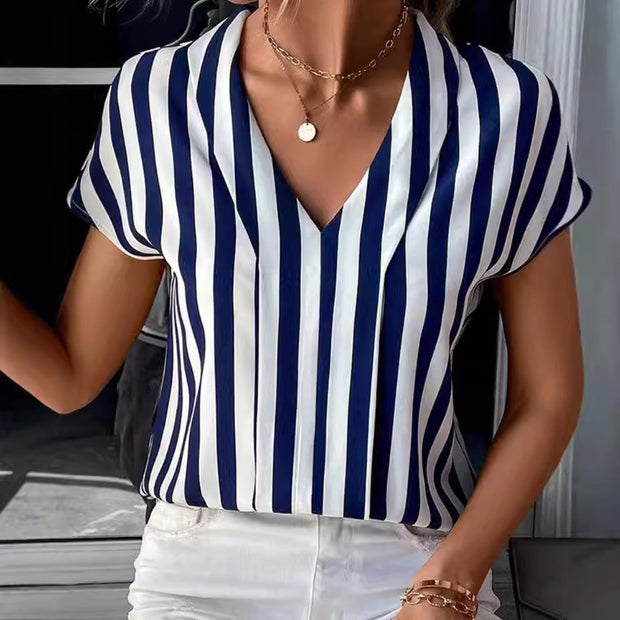Damen Bluse im elegant gestreiften Design mit modernem V-Ausschnitt und kurzen Ärmeln WW