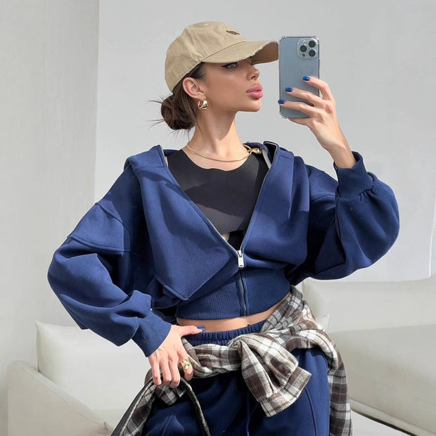 Damen sportliches Cropped-Set mit Reißverschluss und bequemen weiten Hosen WW