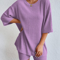 Damen komfortables Kurzarm Set mit Rippstrick und relaxed Schnitt WW