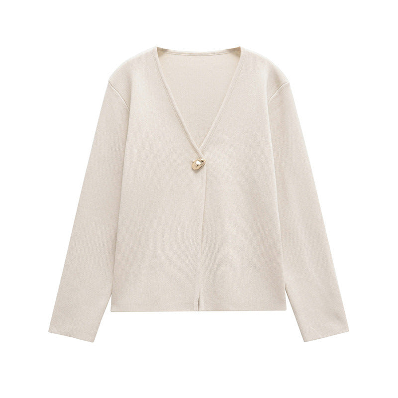 Damen schicke Strickjacke mit elegantem V-Ausschnitt und dekorativem Knopf WW
