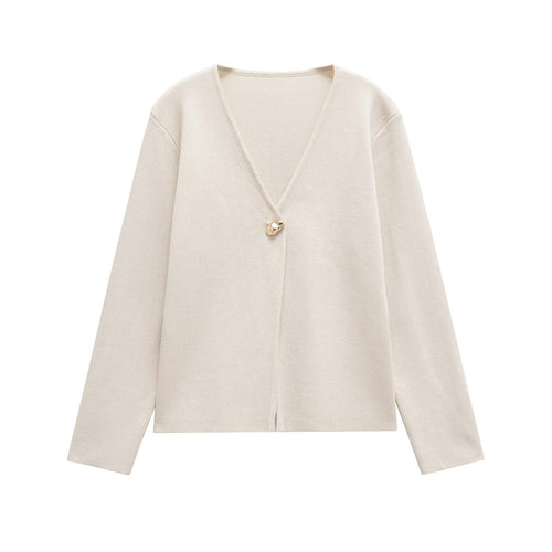 Damen schicke Strickjacke mit elegantem V-Ausschnitt und dekorativem Knopf WW