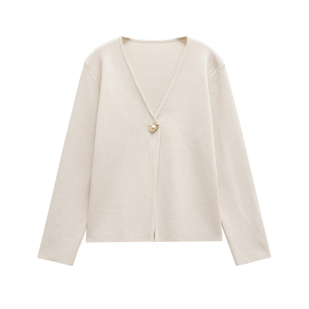 Damen schicke Strickjacke mit elegantem V-Ausschnitt und dekorativem Knopf WW