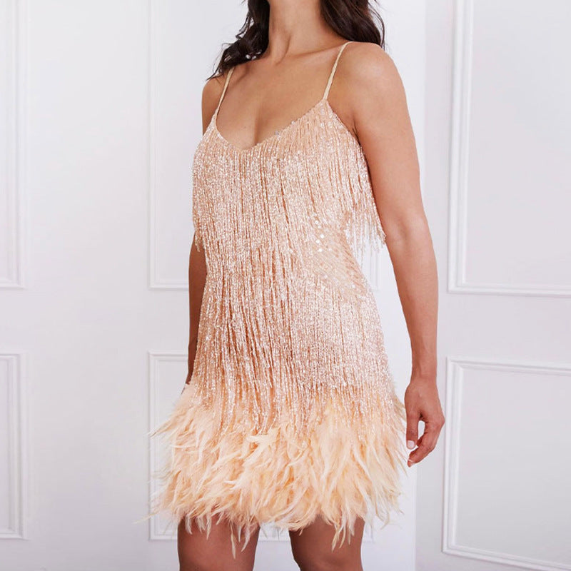 Damen Glitzerndes Kurzkleid mit Federn und funkelnden Pailletten WW