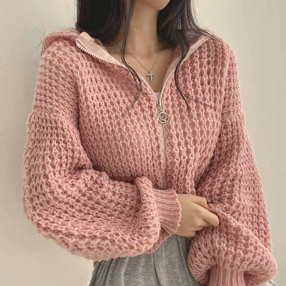 Damen bequeme Strickjacke mit sportlichem Reißverschluss und kuscheligem Material WW