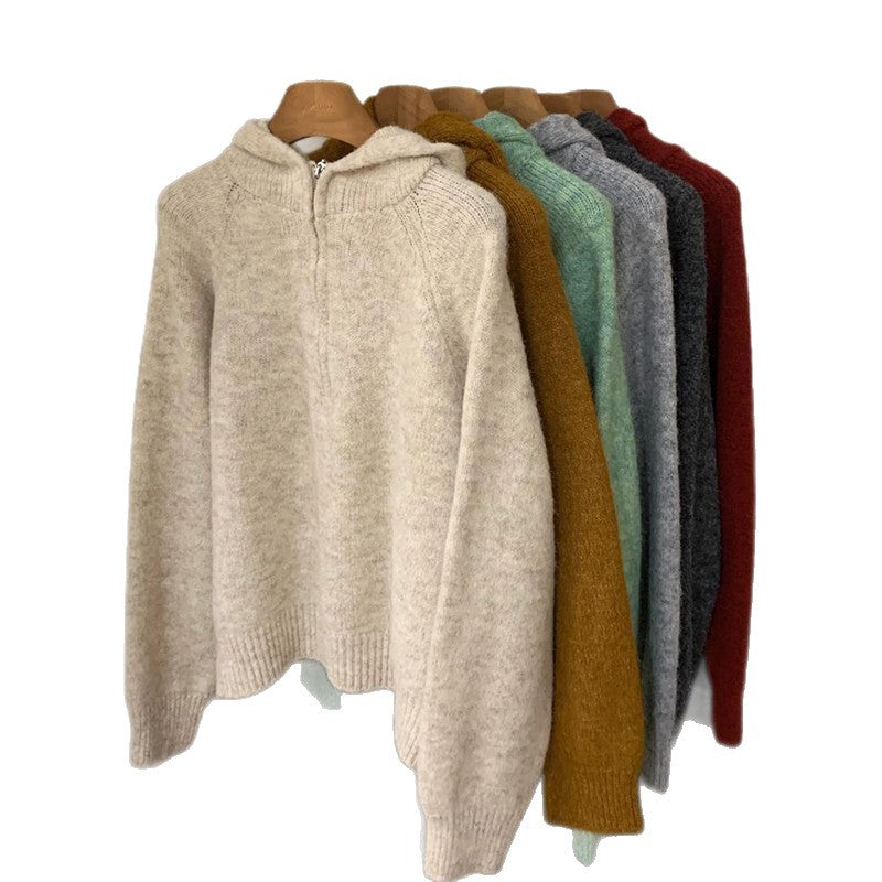 Damen bequemer Hoodie-Pullover mit halbem Reißverschluss und Puffärmeln WW