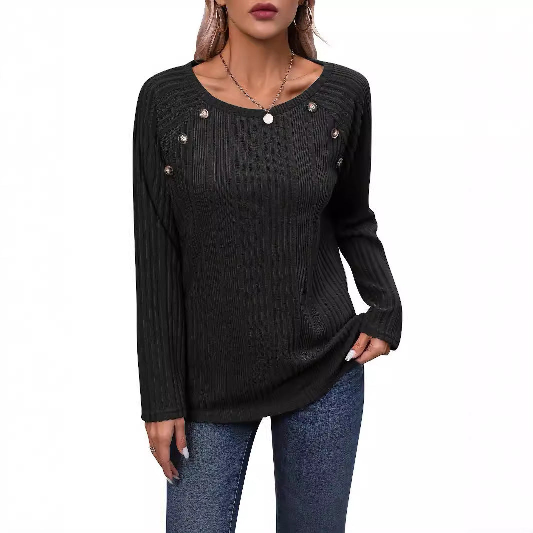 Damen Strickoberteil mit modischem Rippendesign und dekorativen Knopfdetails WW