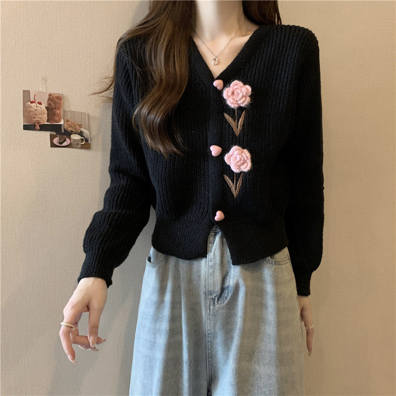 Damen Strickjacke mit floralen Applikationen WW