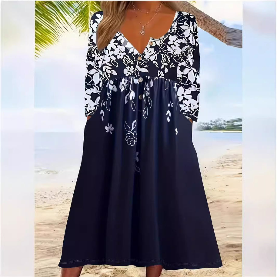 Damen Boho Maxikleid mit floralem Print und knöpfbarem Oberteil WW