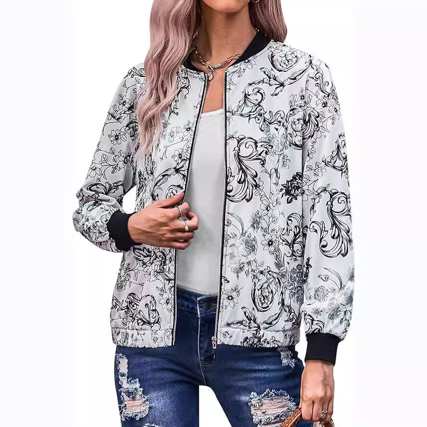 Damen Bomberjacke mit floralem Muster und elastischen Bündchen WW