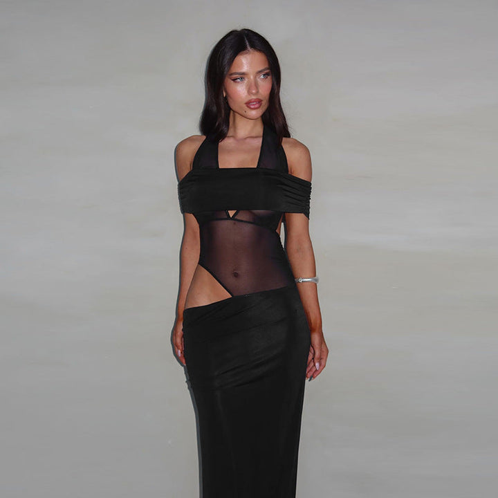 Damen Cocktailkleid mit schulterfreiem Design und raffiniertem Netz-Einsatz W&W Mode