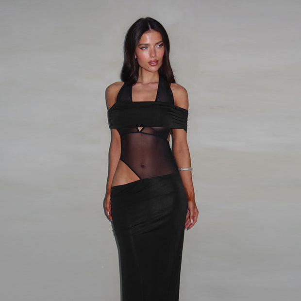 Damen Cocktailkleid mit schulterfreiem Design und raffiniertem Netz-Einsatz W&W