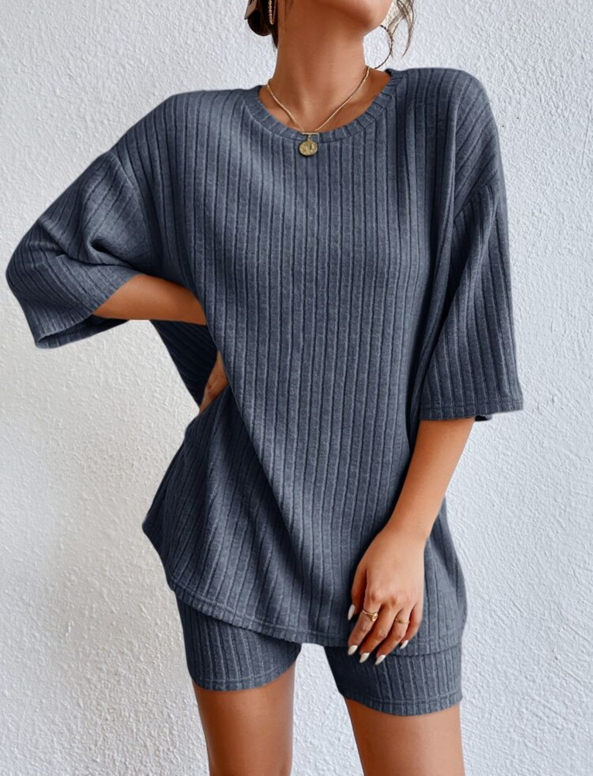 Damen komfortables Kurzarm Set mit Rippstrick und relaxed Schnitt WW