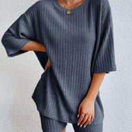 Damen komfortables Kurzarm Set mit Rippstrick und relaxed Schnitt WW