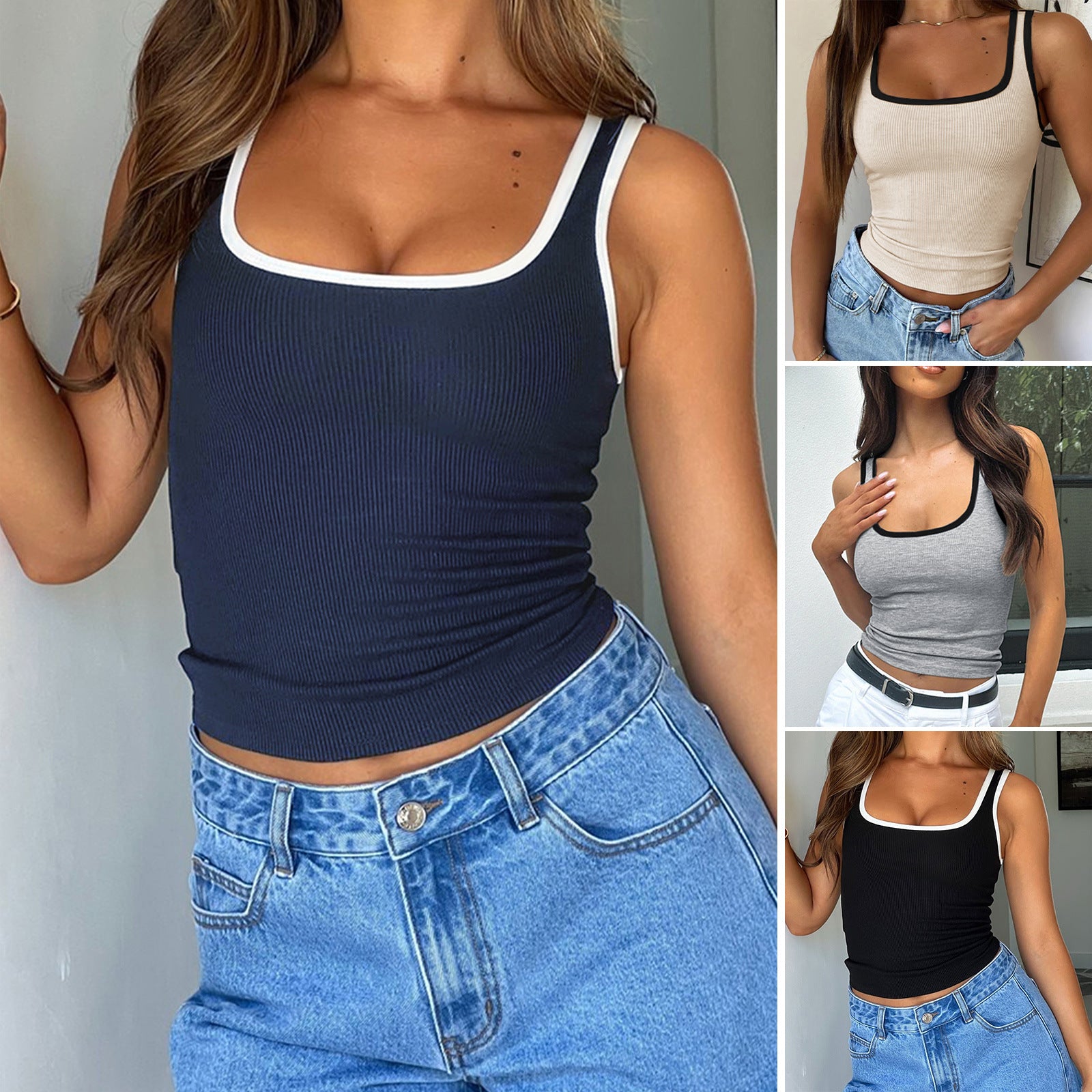 Damen Tanktop mit quadratischem Ausschnitt und Kontrastbündchen WW