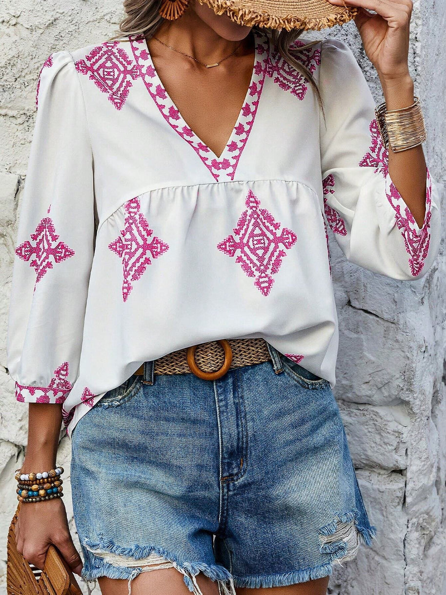 WW | Boho Chic V-ausschnitt Bestickte Bluse Für Frauen