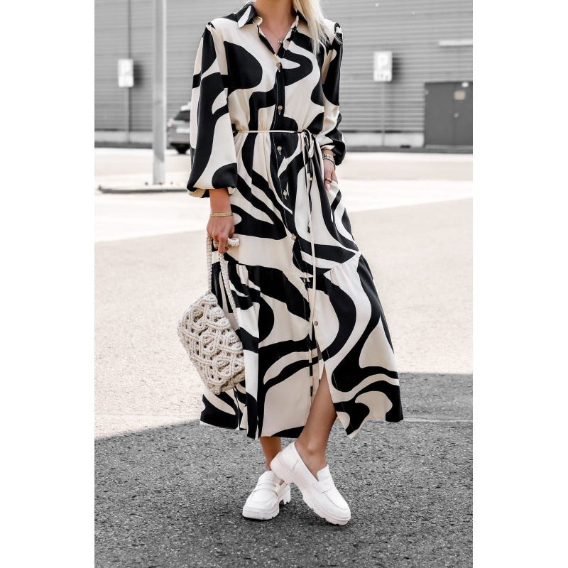 Damen langes Hemdkleid mit modernem Wellenmuster und Taillengürtel WW