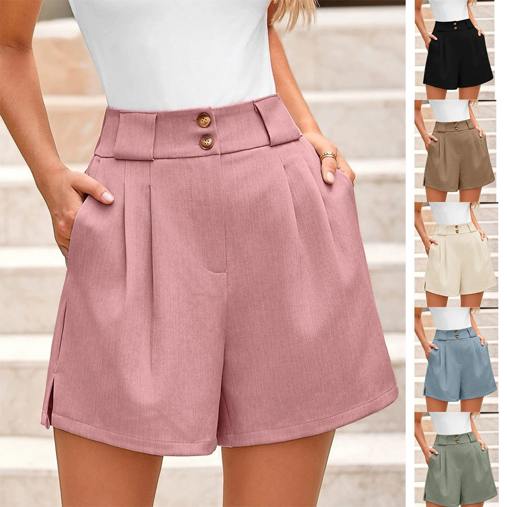 Damen elegante Hochbund-Shorts mit Knopfdetails und weitem Schnitt