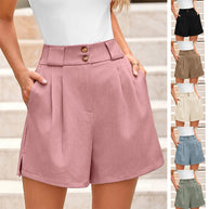 Damen elegante Hochbund-Shorts mit Knopfdetails und weitem Schnitt