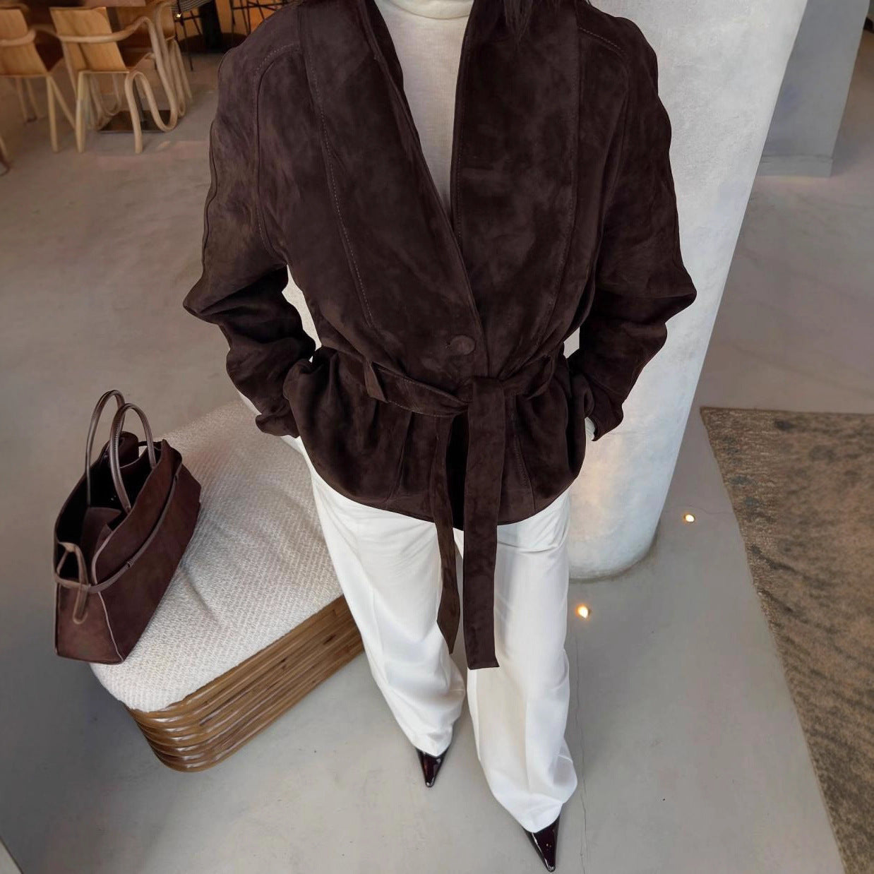 Damen elegante weiche Jacke im Stil eines Blazers mit Taillengürtel WW
