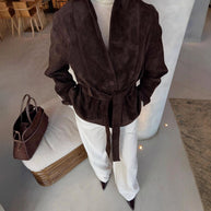 Damen elegante weiche Jacke im Stil eines Blazers mit Taillengürtel WW