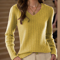 Damen Strickpullover mit V-Ausschnitt und feinem Rippenstrickdesign WW