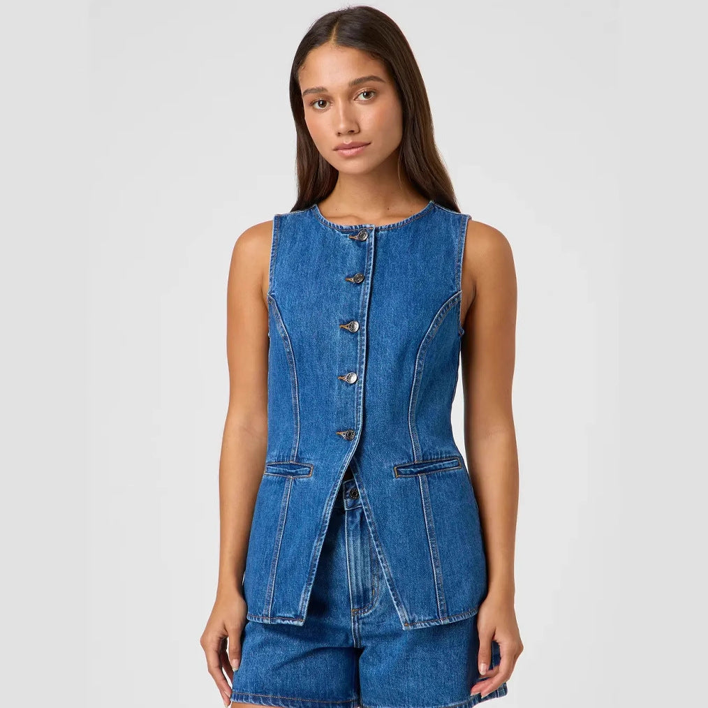 Damen Jeansweste mit tailliertem Schnitt und Knopfdetails W&W Mode