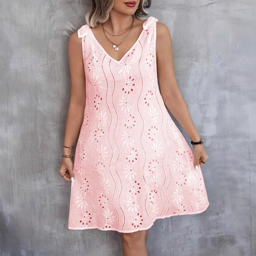 W&W Mode | Besticktes Hohles Schnür-Ärmelloses V-Ausschnitt Kleid