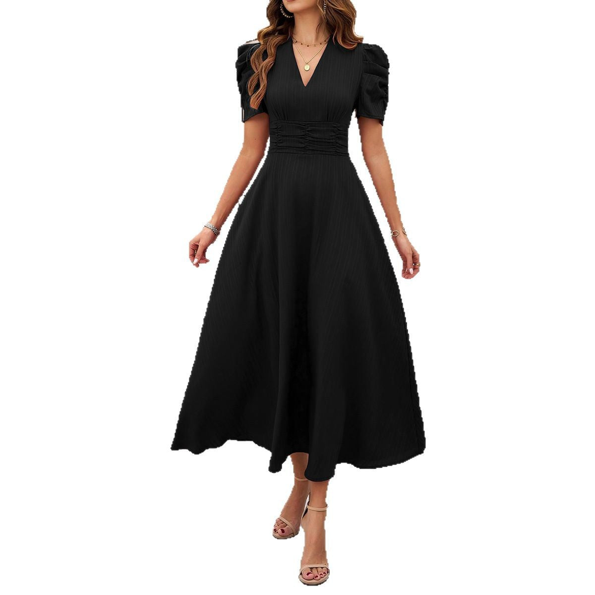 Damen Midi Kleid mit Puffärmeln und V-Ausschnitt WW