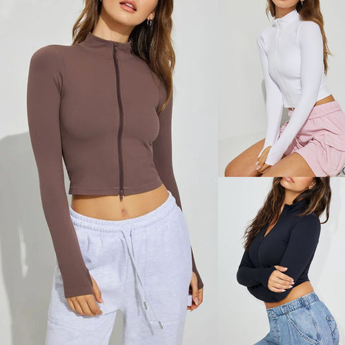 Damen Sportliches Cropped-Top mit langem Arm und Stehkragen WW