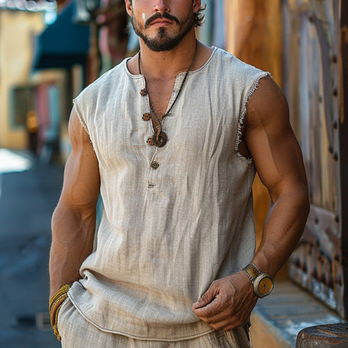 Herren lässiges Leinen Tanktop mit Knopfleiste und Fransen W&W Mode