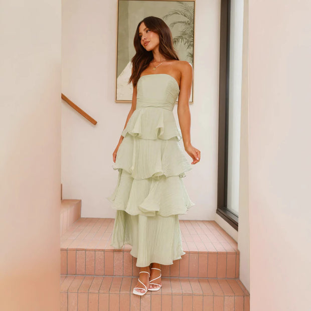 Damen Maxi-Rüschenkleid mit trägerlosem Design und fließendem Rock WW