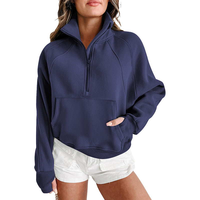 Damen lässiger Pullover mit halbem Reißverschluss und praktischen Taschen WW