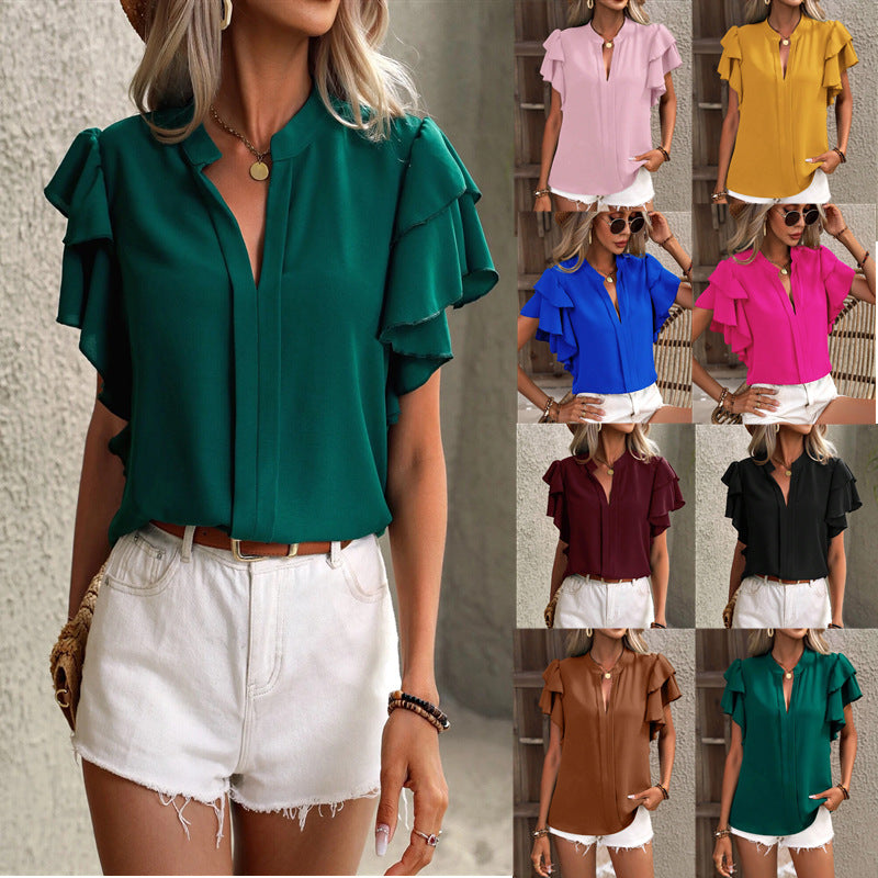 Damen Bluse mit dekorativen Rüschendetails und elegantem V-Ausschnitt WW