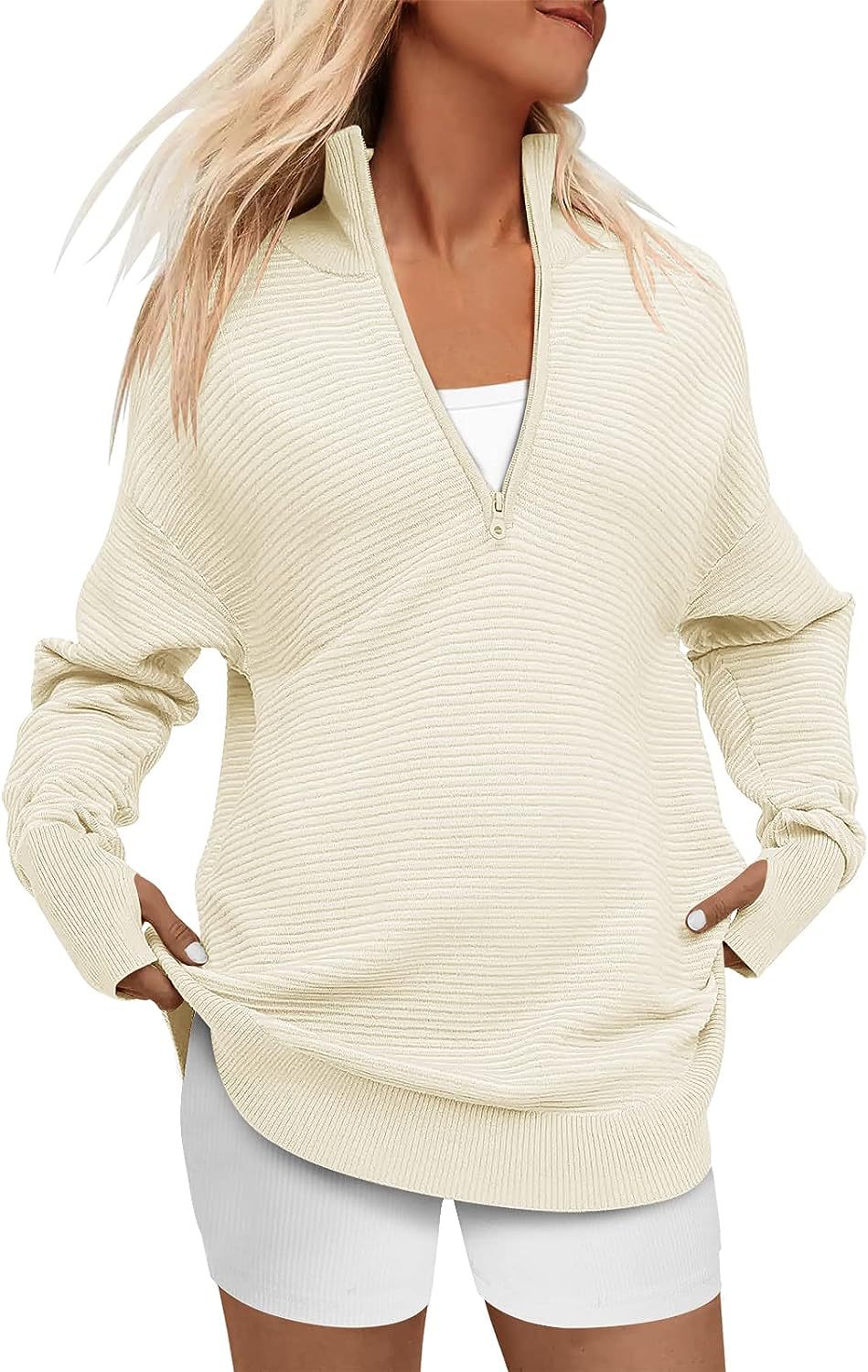 Damen Hochwertiger Reißverschluss Pullover mit strukturiertem Design WW