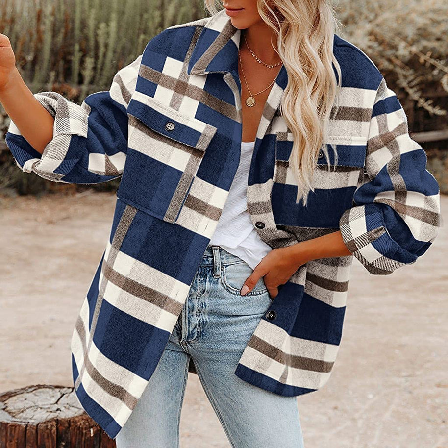 Damen karierte Flanelljacke mit lässigem Schnitt und aufgesetzten Taschen WW