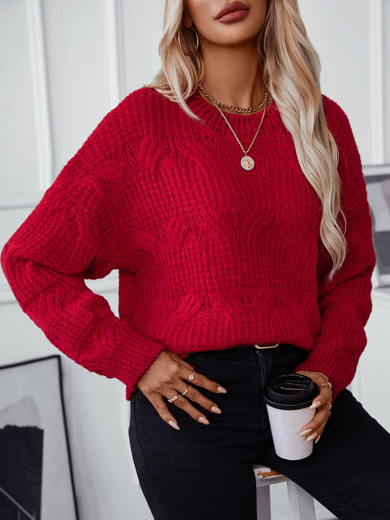 WW uni Farbe Kabelstrickpullover