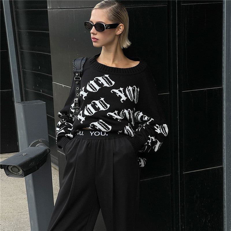 Damen lässiger Strickpullover mit modernem Schriftzug und weitem Schnitt W&W Mode