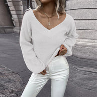 Damen Strickpullover mit V-Ausschnitt und weitem Ärmel WW