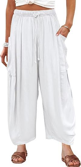 Damen lässige weit geschnittene Leinenhose mit praktischen Taschen und elastischem Bund WW
